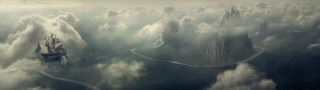 Ship floating clouds river center - a ship free wallpaper
