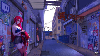 Cyberpunk woman red hair city - a blue top free wallpaper