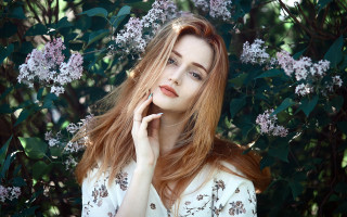Red haired woman purple flowers - her face free wallpaper for desktop