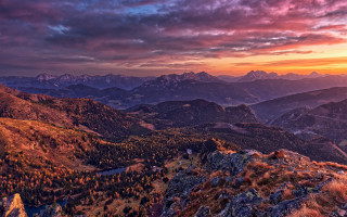 Mountain range sunset clouds trees - beautiful free wallpaper for desktop