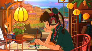 Girl headphones laptop cat chinese - a girl sitting free wallpaper