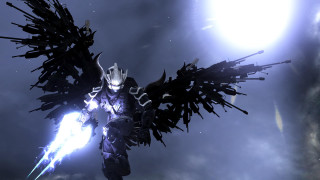 Man bird body holding sword - his hand and a sky background free wallpaper