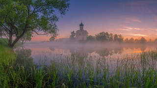 Church lake foggy sky trees - andrey ryabovichev free wallpaper