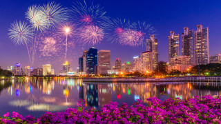 City skyline lake fireworks flowers - a city skyline free wallpaper