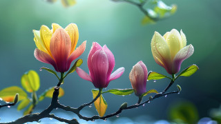 Branch three flowers water drops - a blue sky in the background free wallpaper for desktop