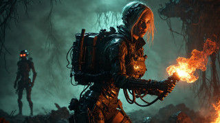 Futuristic woman fireball forest cyberpunk - a fire ball free wallpaper