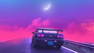 Car moon sunset clouds outrun - a pink sky free wallpaper