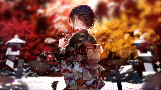 Woman kimono snow cat autumn - atey ghailan free wallpaper