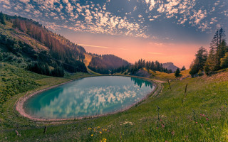 Lake green hillside cloudy sky - lush free wallpaper