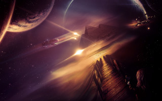 Space station city night planet - a distant planet in the background free wallpaper