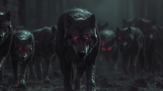 Wolf red eyes dark woods - their face free wallpaper