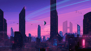 City skyline night purple aurora - anton fadeev free wallpaper