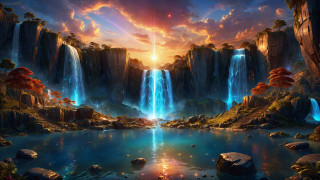Waterfall sunset mountain city fire - a painting of a waterfall free wallpaper