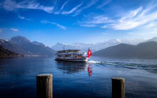 Boat lake mountains blue sky - a matte painting free wallpaper