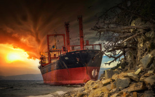 Large boat rocky shore sunset - ann thetis blacker free wallpaper