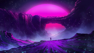 Hill purple sunset mountains cityscape - synthwave style free wallpaper