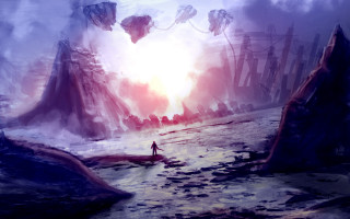 Beach man giant rock sunset - matte fantasy painting free wallpaper