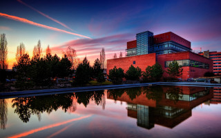 Red brick building reflecting pool - academic art free wallpaper