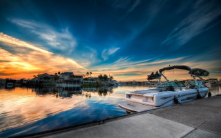 Sunset dock boat house water - cinematic free wallpaper for desktop