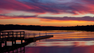 Lake dock sunset bridge city - under free wallpaper for desktop
