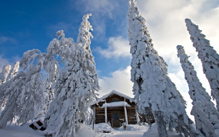 Snowy cabin woods mountains clouds - covered ground free wallpaper