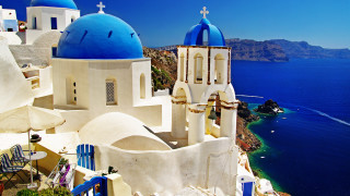 Blue church cliff ocean boat - the water below free wallpaper