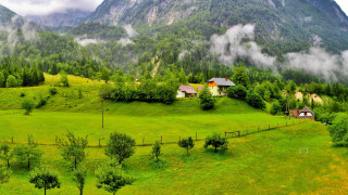 Green field house mountains clouds - alen divi free wallpaper