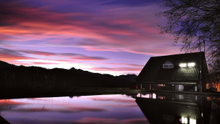 House lake purple sky clouds - a tree in the foreground free wallpaper