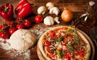 Pizza wooden table toppings knife - postimpressionism free wallpaper
