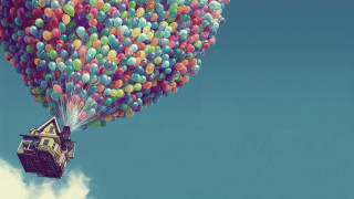 Floating house balloons cloud bank - floating free wallpaper