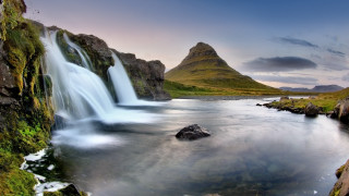 Waterfall mountains grass rocks clouds - mountain and grass free wallpaper