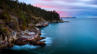 Mystical lake mountain shore forest - dusk free wallpaper