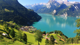 Lake mountains village fantasy nature - a mountain range in the background free wallpaper