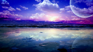 Sunset reflection moon clouds ocean - a large moon free wallpaper