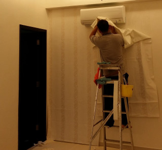 Man ladder fixing air conditioner - a detailed matte painting free wallpaper