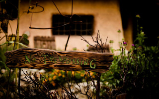 Wooden sign garden building tilt - bracha l. ettinger free wallpaper