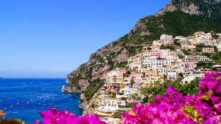 City cliff ocean beach flowers - impressionist free wallpaper