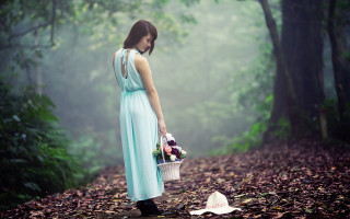 Woman blue dress flower basket - a basket of flowers free wallpaper