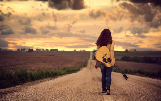Woman guitar beach dusk mountains - elinor proby adams free wallpaper