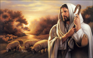 Jesus holding stick sheep field - an oil free wallpaper