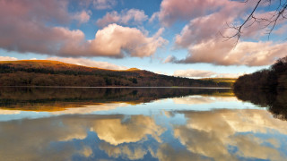 Lake mountain clouds forests sunset - reflection free wallpaper