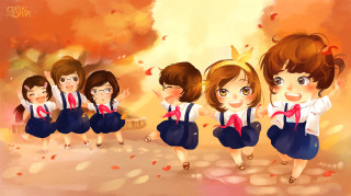 Girls school uniforms autumn leaves 2 - a group of girls free wallpaper