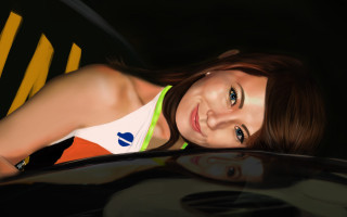 Woman car pose blueeyes brownhair - a digital painting free wallpaper