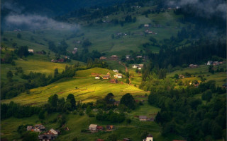 Green hillside houses clouds trees - the hillside free wallpaper