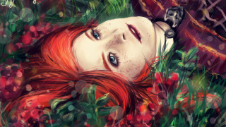 Flower field woman cat bloom - her shoulder and a cat free wallpaper