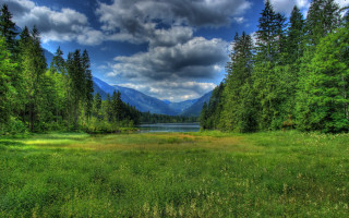 Grassy field lake mountains clouds - a grassy field free wallpaper