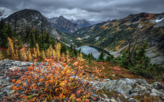 Lake mountains fall forest sunset - naturalism free wallpaper