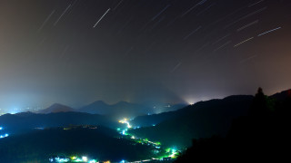 Mountain night city stars lake - astrophotography free wallpaper