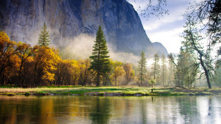 River mountain trees foggy sky - a mountain in the background and trees free wallpaper