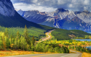 Mountain road lake trees sky - scenic free wallpaper